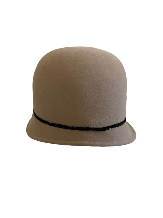 Louise Green Tan Wool Cloche Hat With Black Sequin Bow & Trim Deadstock main image 9